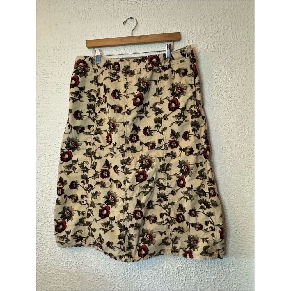 Eddie Bauer Cream Floral Midi Skirt with Burgundy and Green Accents